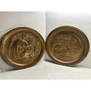 Vintage 11.5” Brass Embossed Wall Hanging Camel Plates - Set of 2 Boho Decor